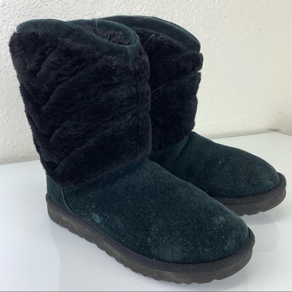 UGG black fluffy quilted mid calf boots size 7 winter comfort cozzy - Picture 1 of 11